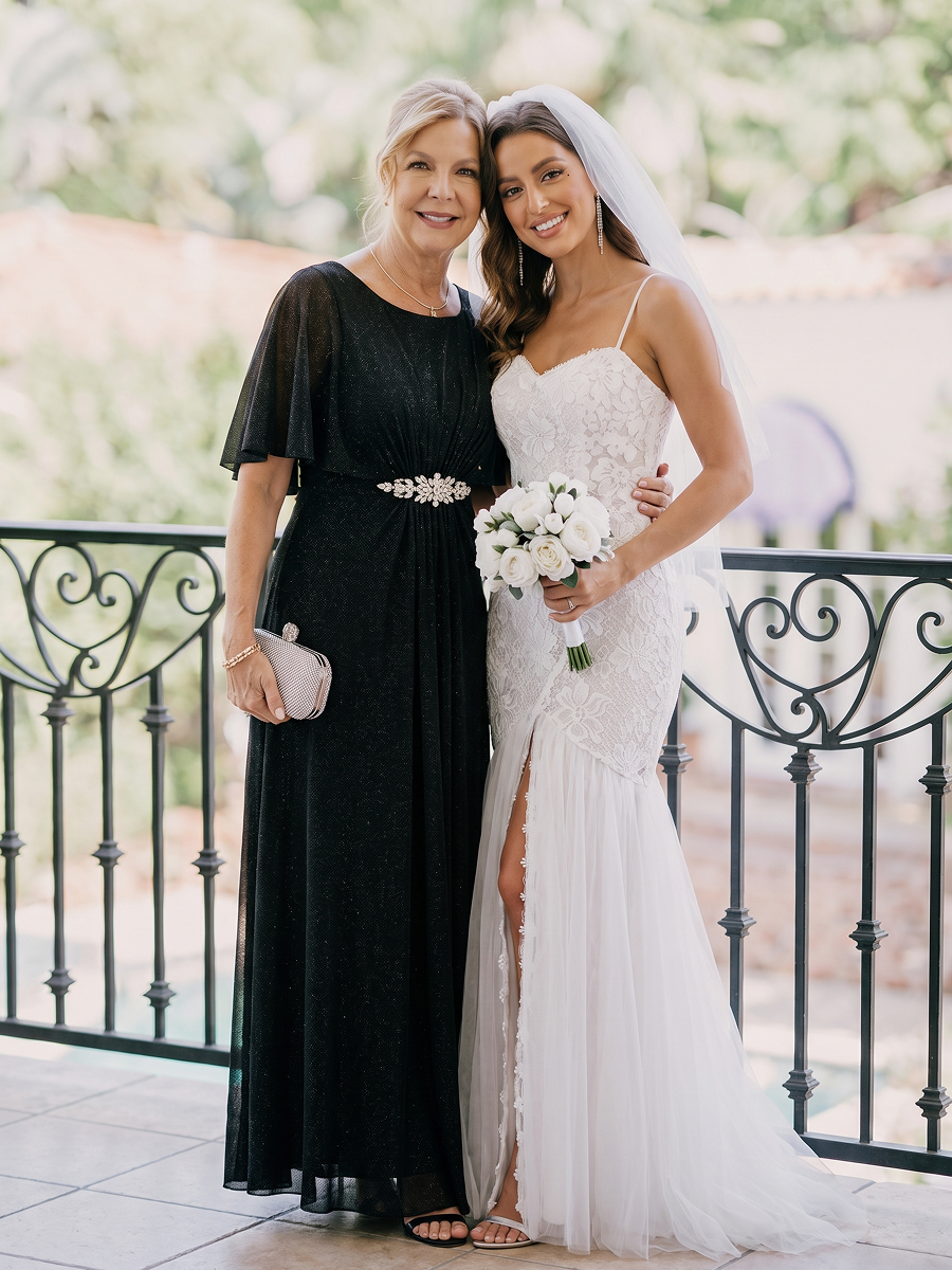Lurex Mesh Cape Sleeve A-Line Mother of the Bride Dress #color_Black