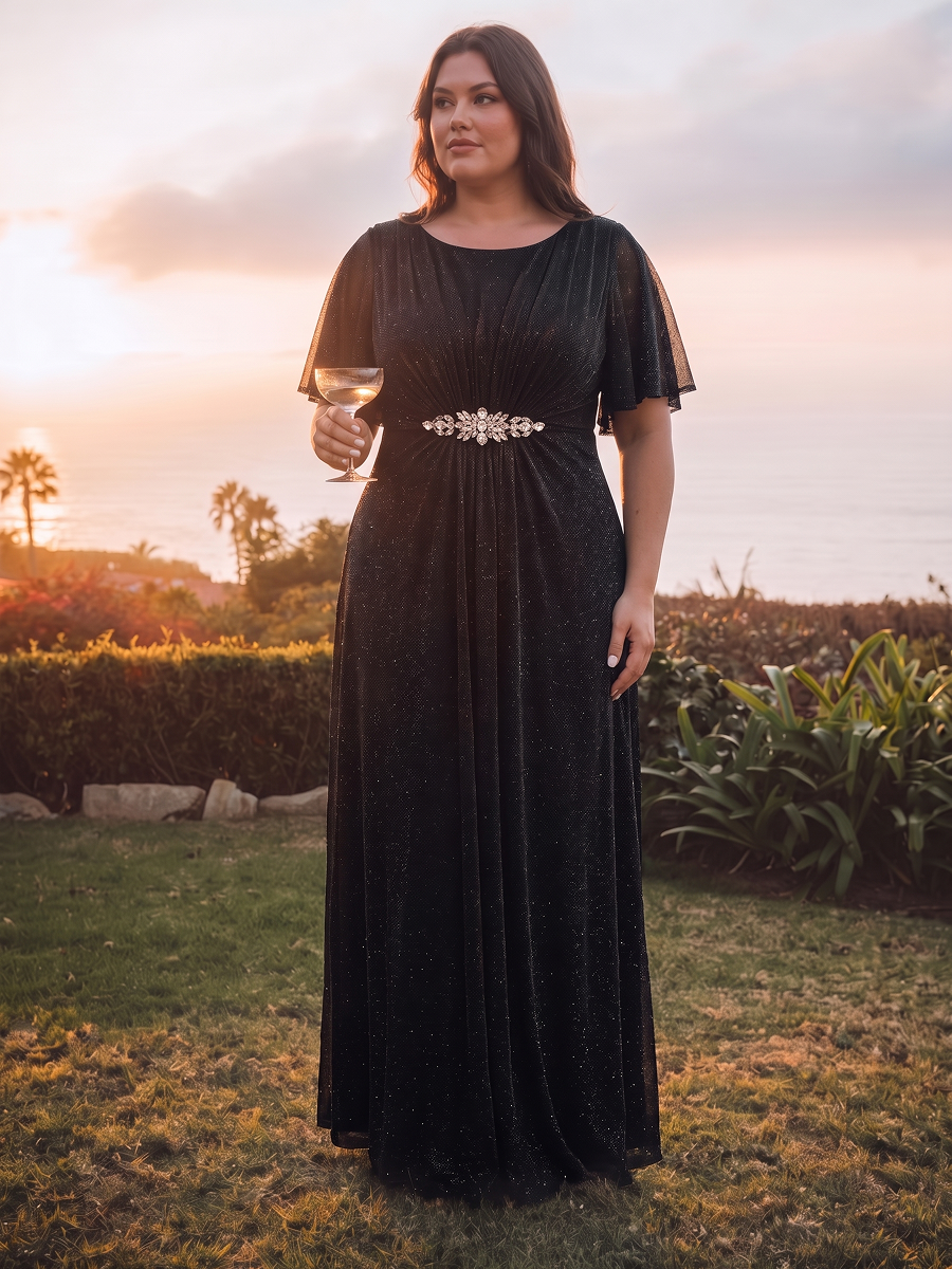 Plus Size Lurex Mesh Shawl Sleeve Mother of the Bride Dress #color_Black