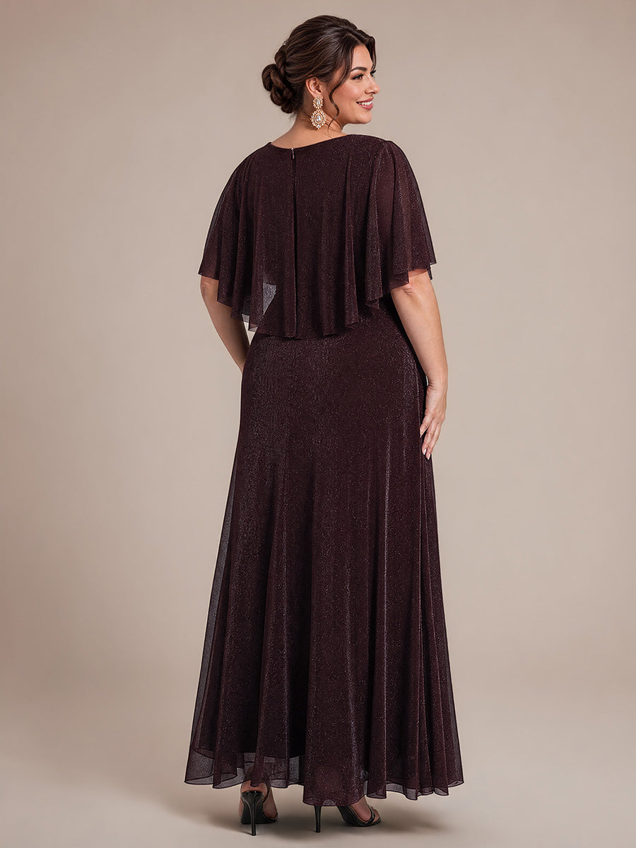 Lurex Mesh Cape Sleeve A-Line Mother of the Bride Dress #color_Mahogany Brown