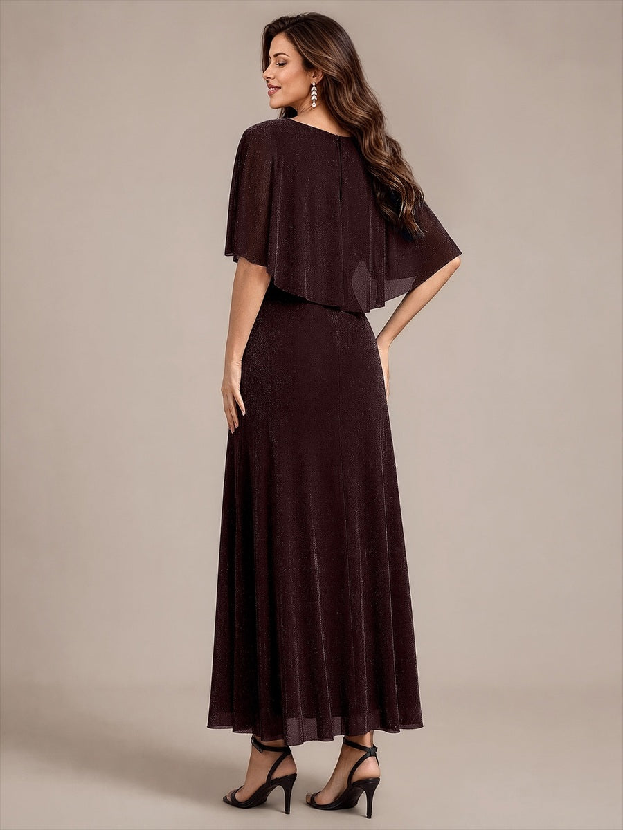 Lurex Mesh Cape Sleeve A-Line Mother of the Bride Dress #color_Mahogany Brown