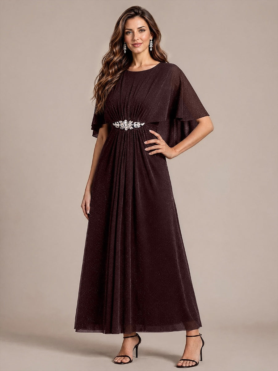 Lurex Mesh Cape Sleeve A-Line Mother of the Bride Dress #color_Mahogany Brown