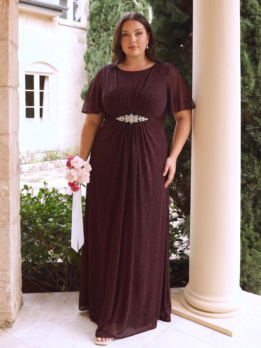Plus Size Lurex Mesh Shawl Sleeve Mother of the Bride Dress #color_Mahogany Brown
