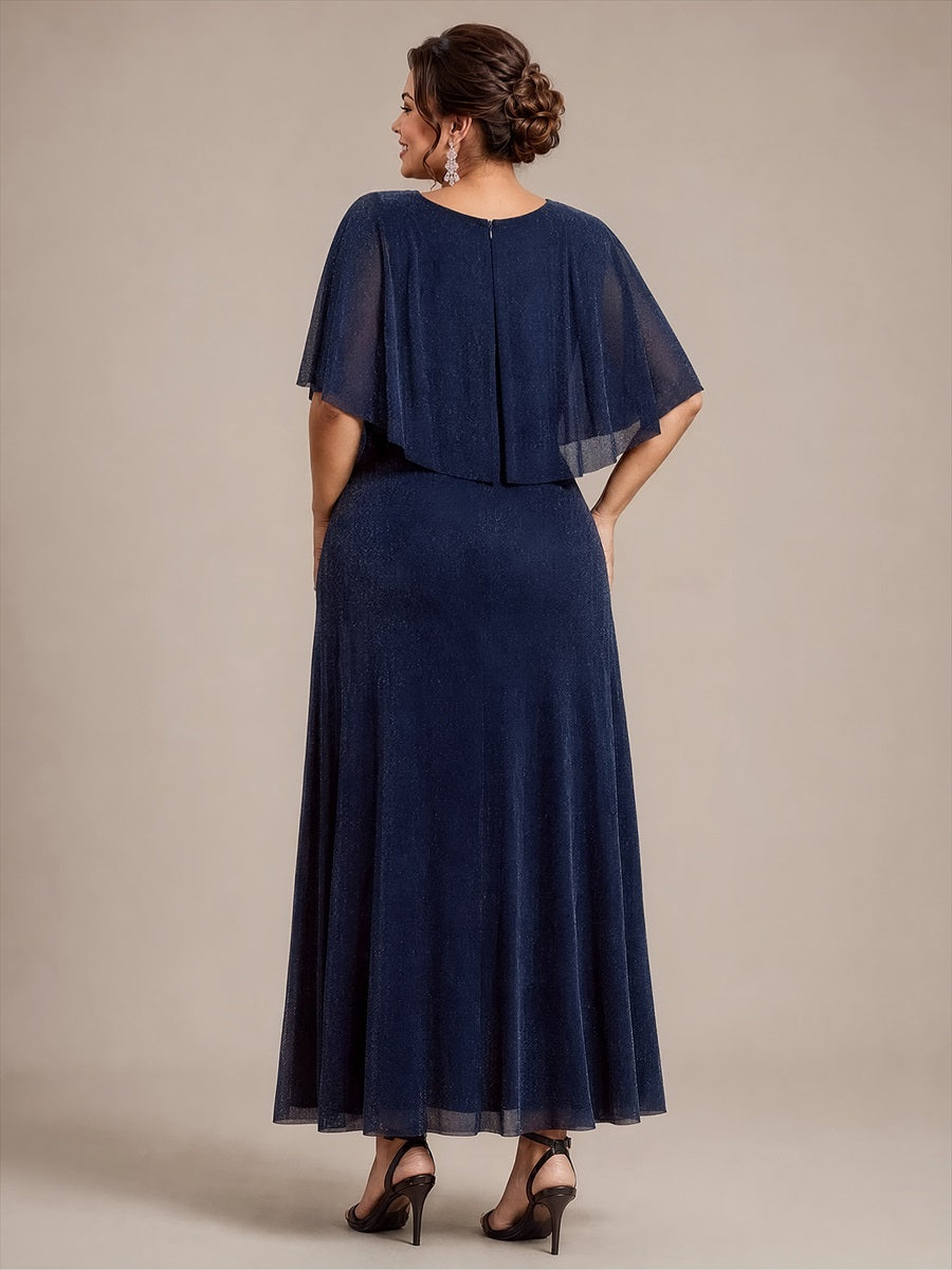Plus Size Lurex Mesh Shawl Sleeve Mother of the Bride Dress #color_Navy Blue
