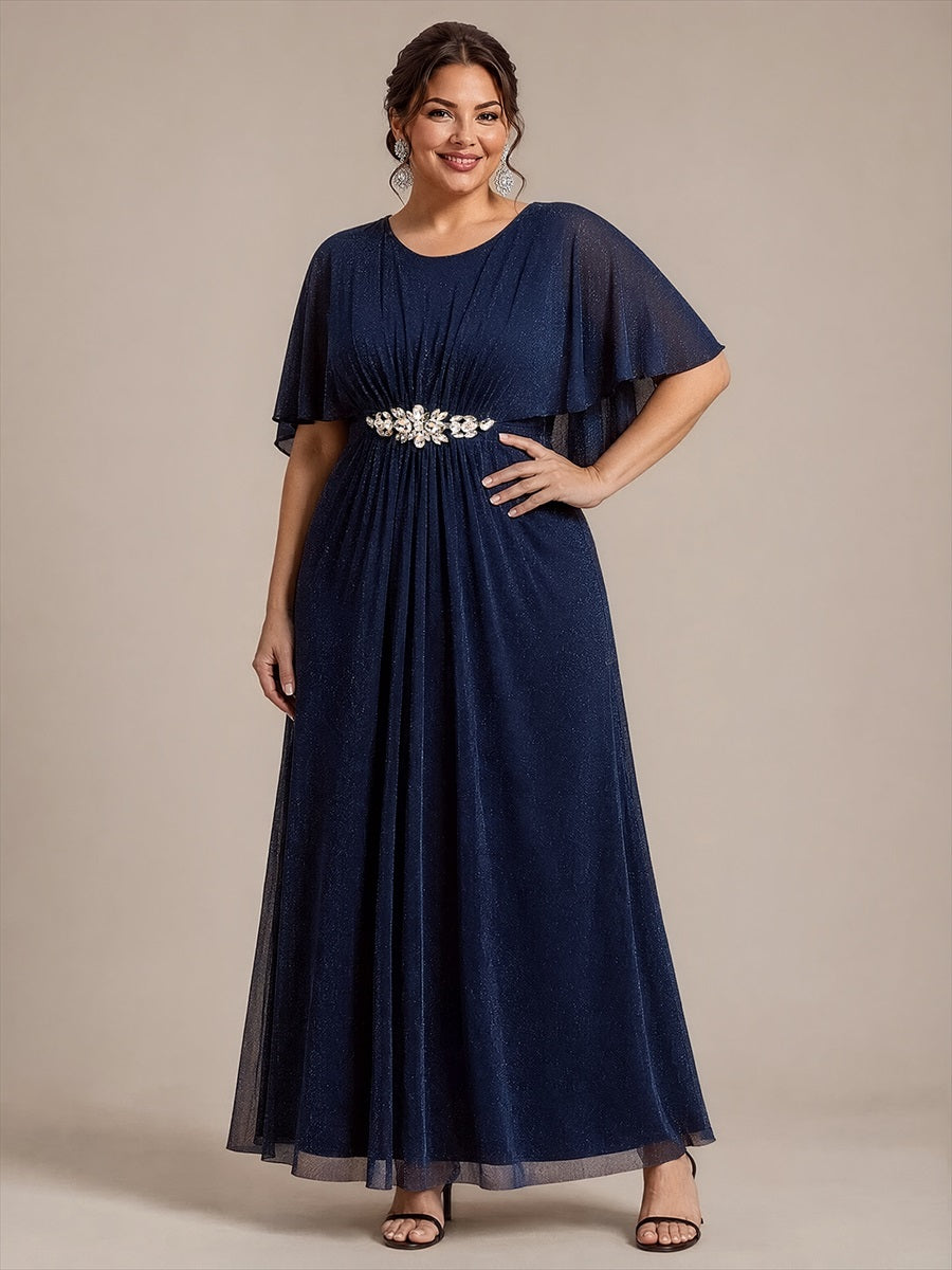 Lurex Mesh Cape Sleeve A-Line Mother of the Bride Dress #color_Navy Blue