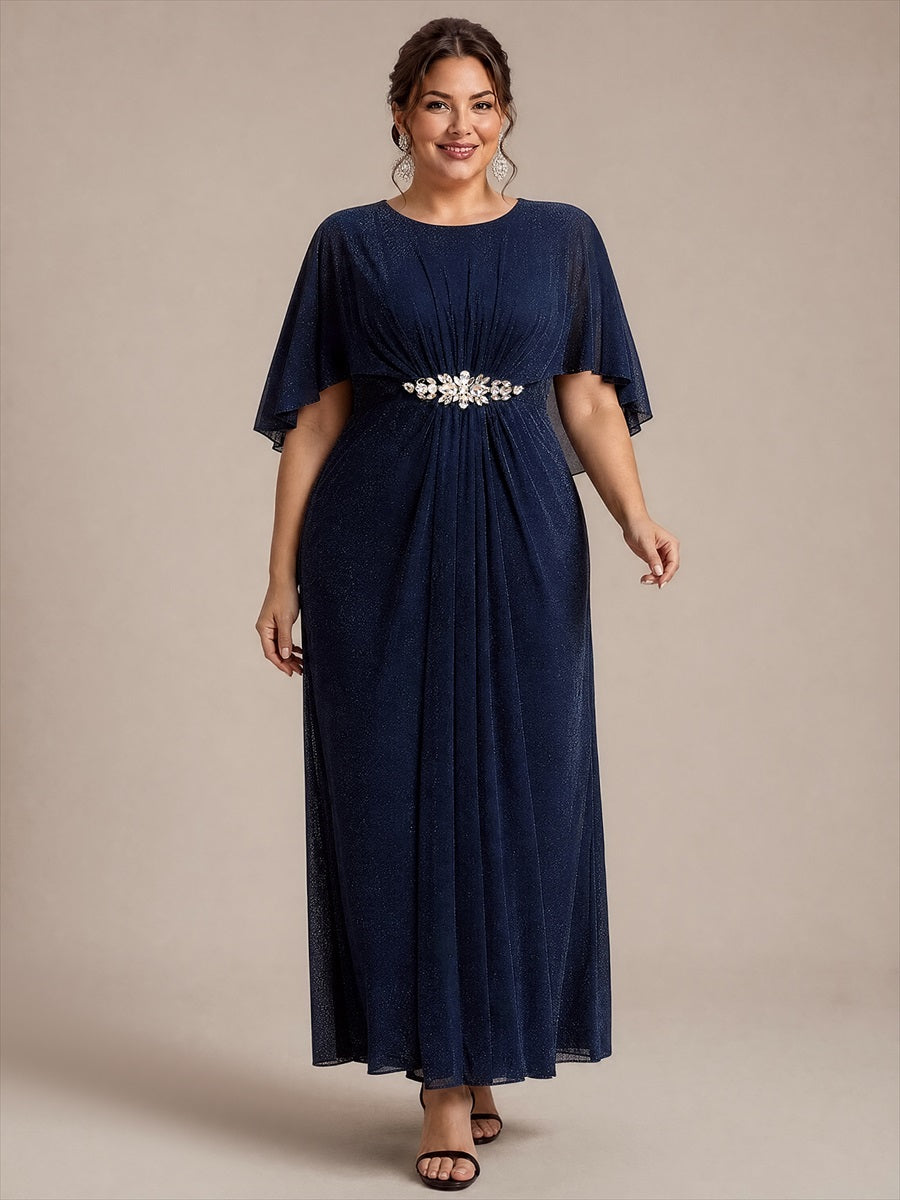 Plus Size Lurex Mesh Shawl Sleeve Mother of the Bride Dress #color_Navy Blue