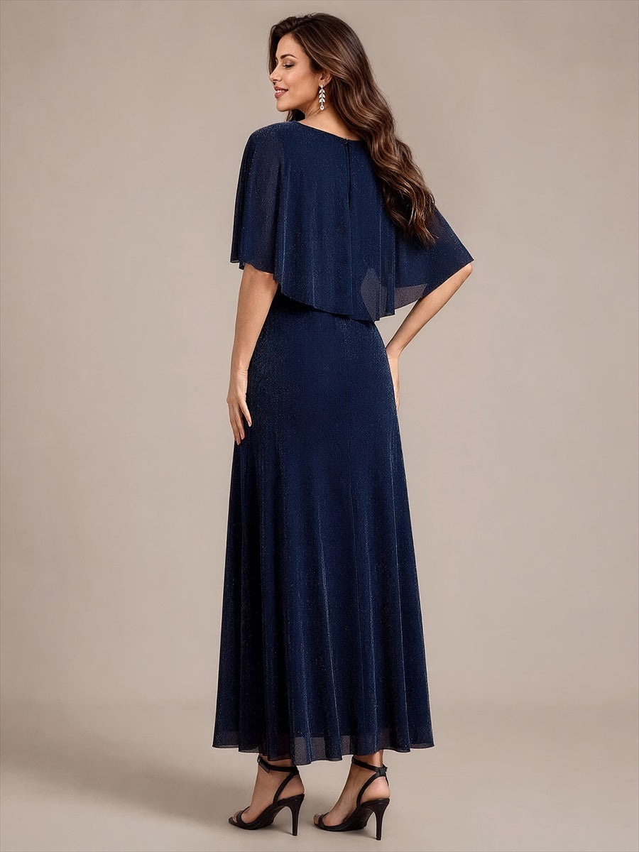 Lurex Mesh Cape Sleeve A-Line Mother of the Bride Dress #color_Navy Blue
