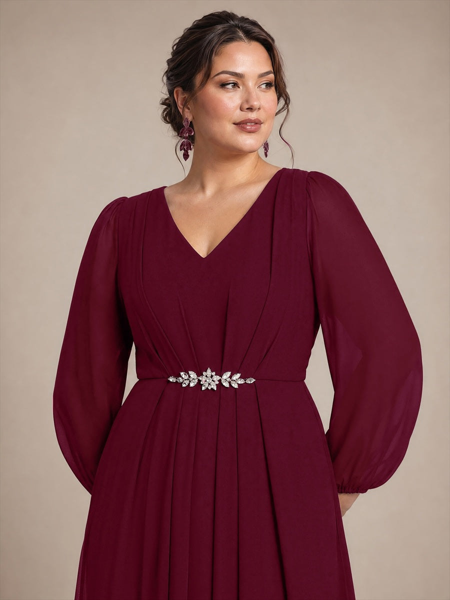 Pleating Chiffon Puff Sleeve Mother of the Bride Dress #color_Burgundy