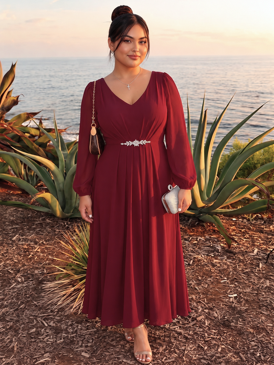 Plus Size Pleating Chiffon Mother of the Bride Dress #color_Burgundy