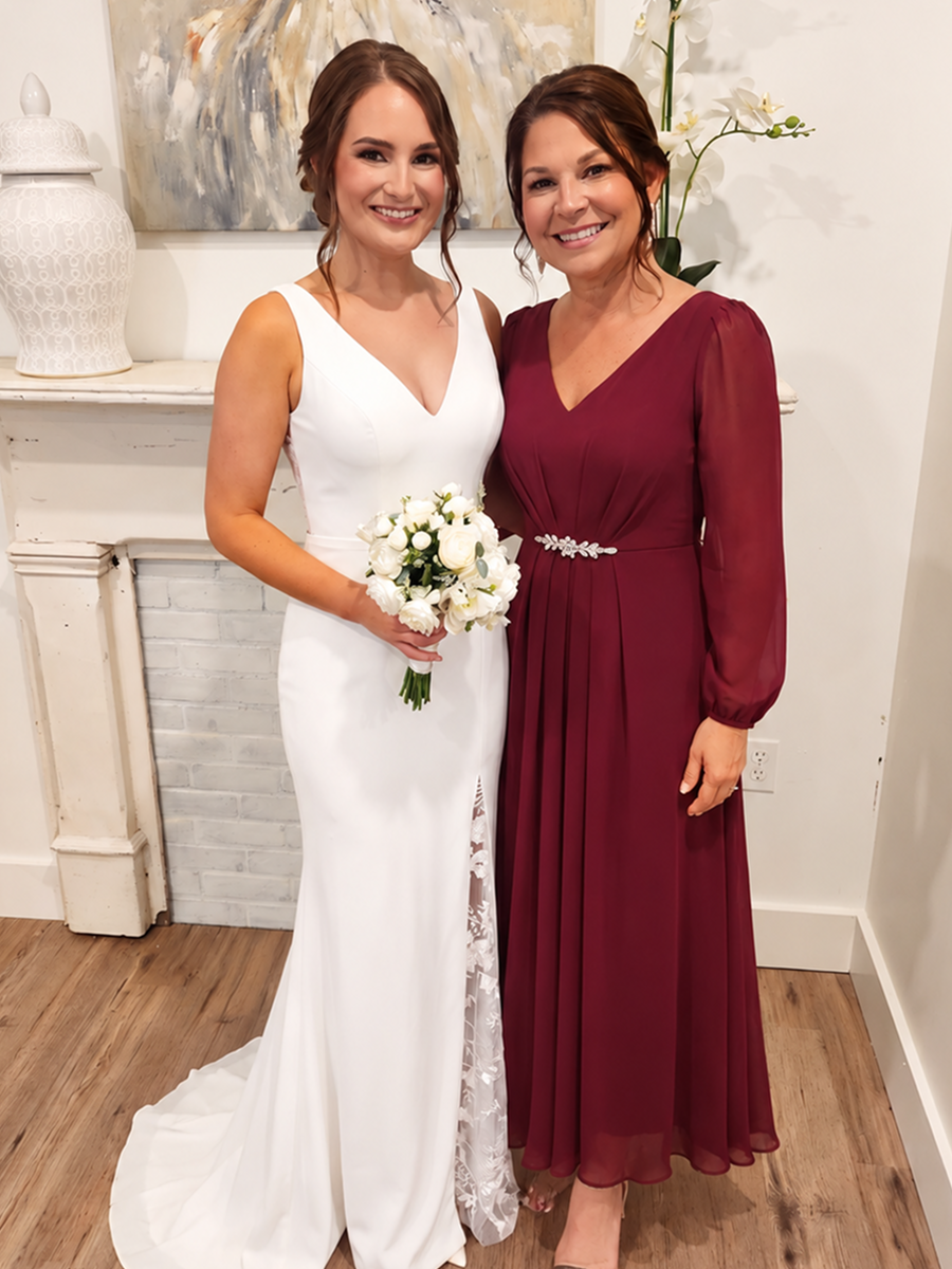 Pleating Chiffon Puff Sleeve Mother of the Bride Dress #color_Burgundy