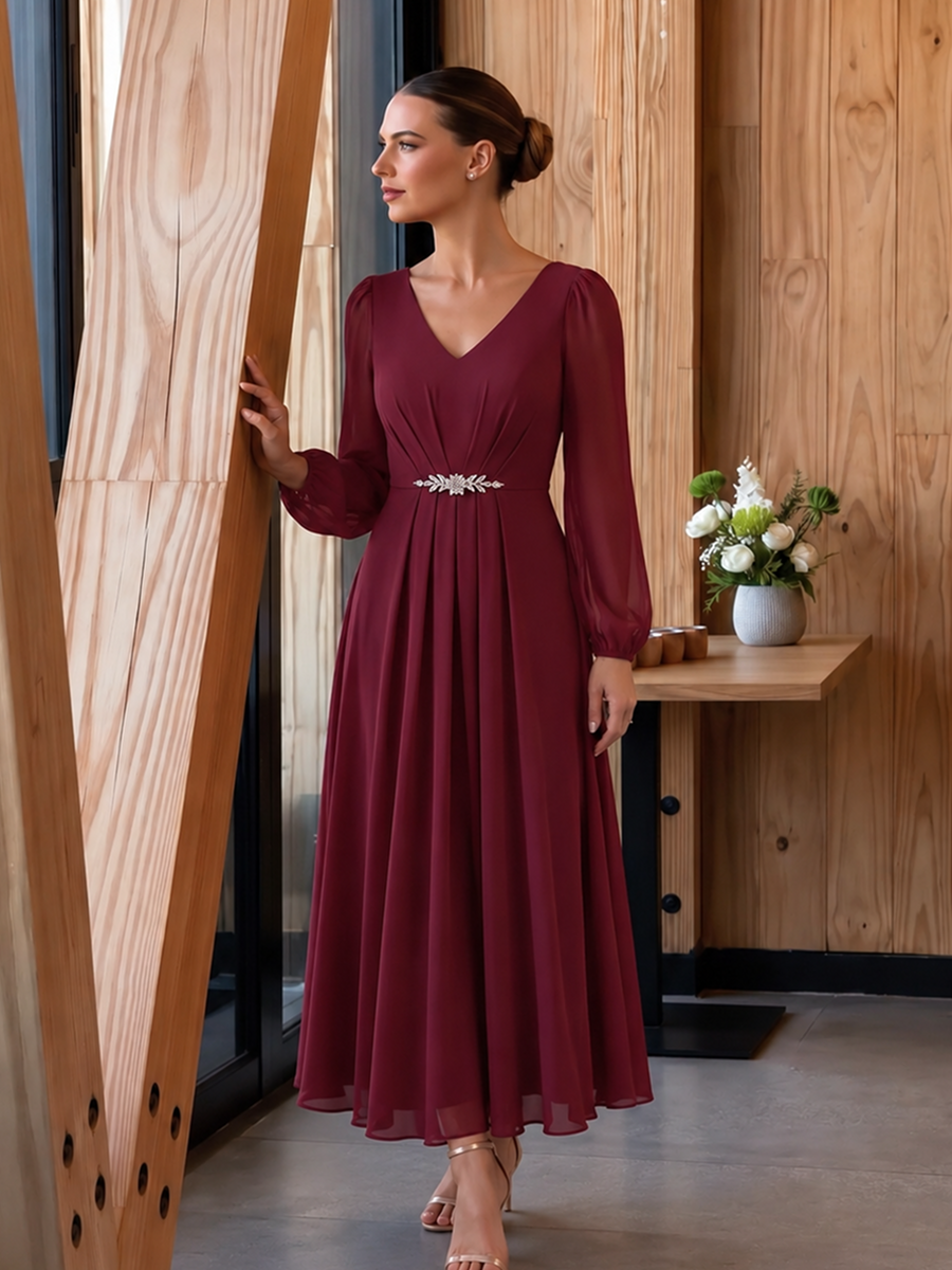 Pleating Chiffon Puff Sleeve Mother of the Bride Dress #color_Burgundy