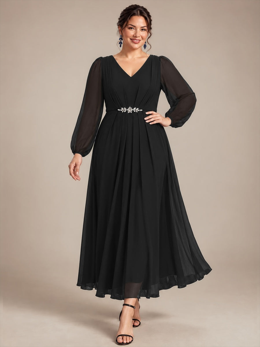 Pleating Chiffon Puff Sleeve Mother of the Bride Dress #color_Black