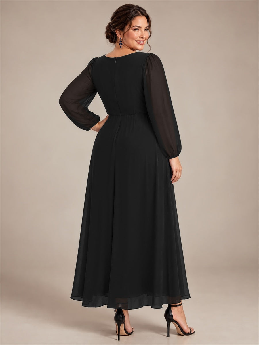 Pleating Chiffon Puff Sleeve Mother of the Bride Dress #color_Black