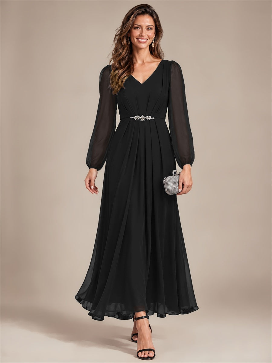 Pleating Chiffon Puff Sleeve Mother of the Bride Dress #color_Black