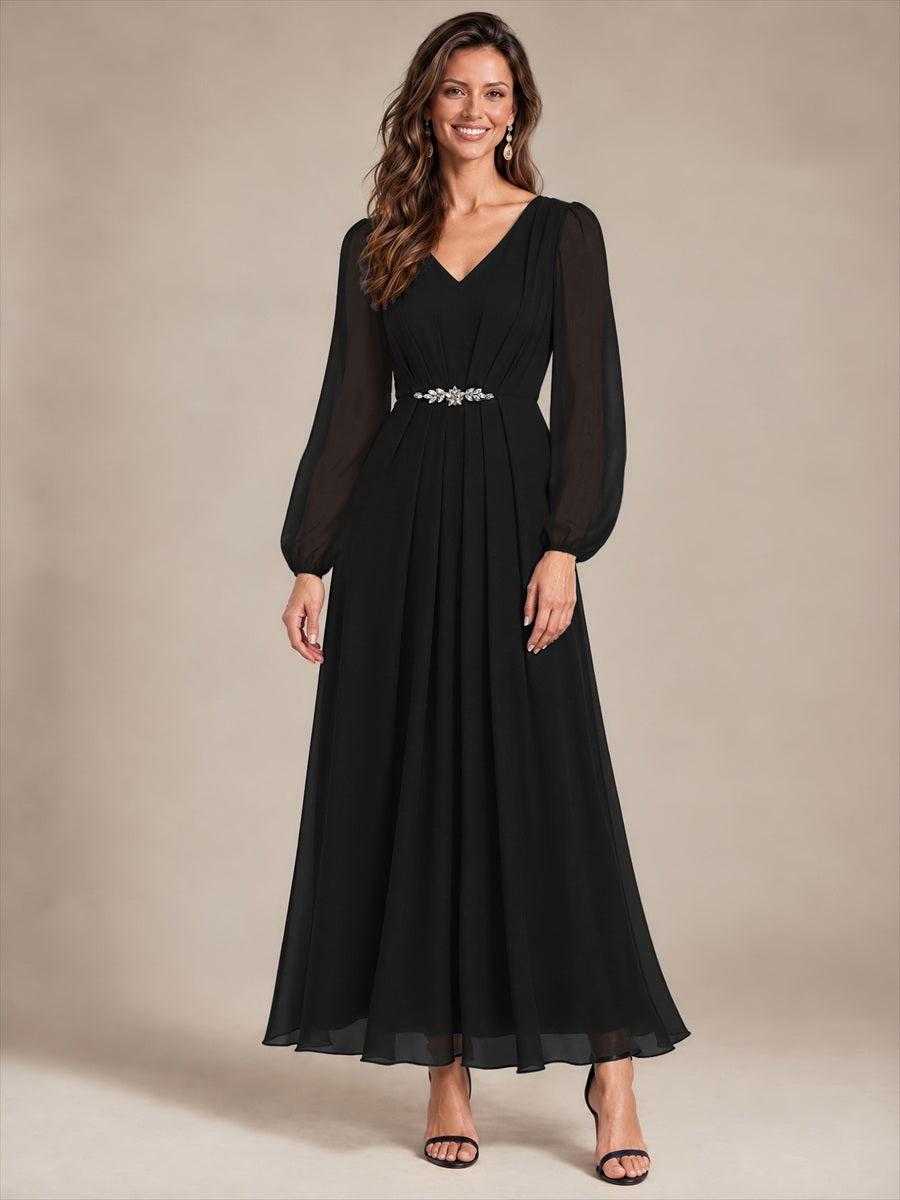 Pleating Chiffon Puff Sleeve Mother of the Bride Dress #color_Black