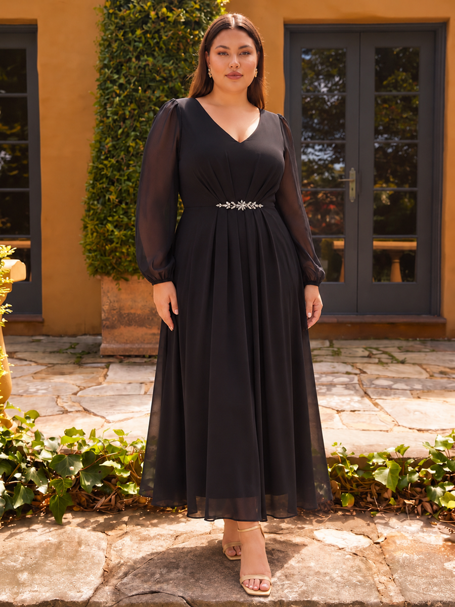 Pleating Chiffon Puff Sleeve Mother of the Bride Dress #color_Black