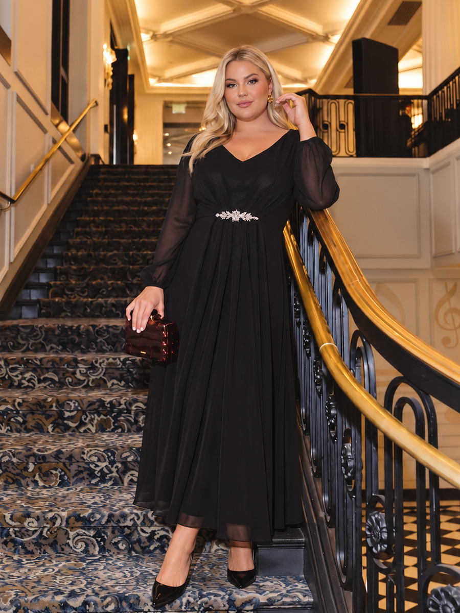 Pleating Chiffon Puff Sleeve Mother of the Bride Dress #color_Black