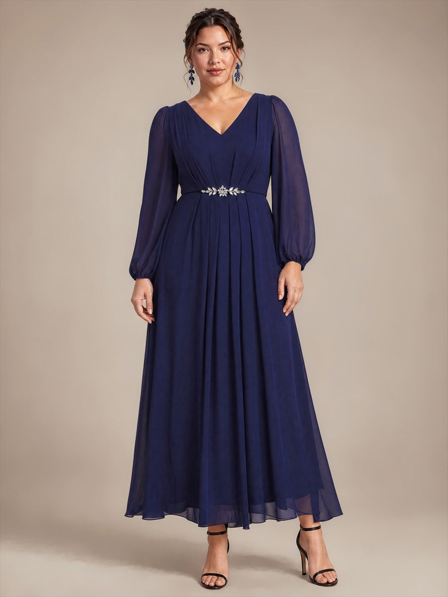 Pleating Chiffon Puff Sleeve Mother of the Bride Dress #color_Navy Blue