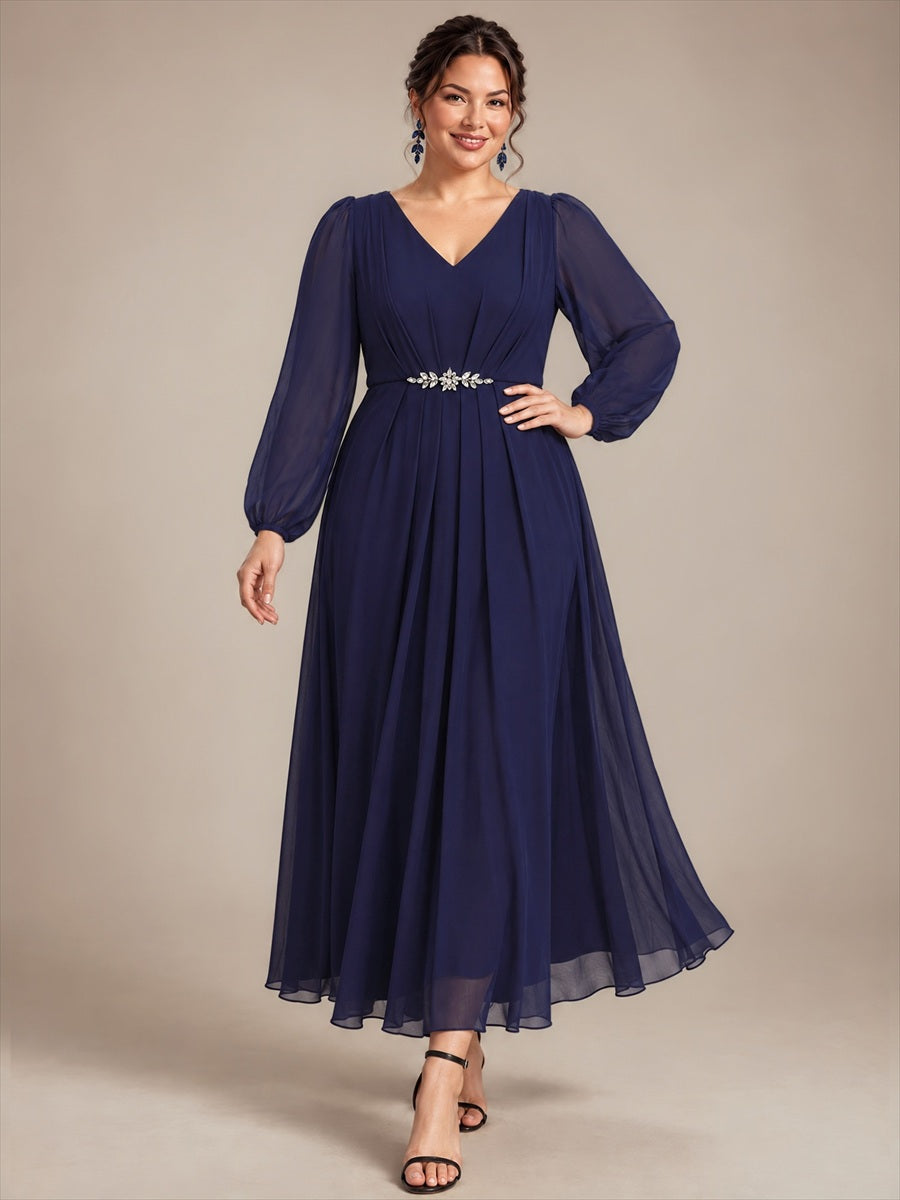 Plus Size Pleating Chiffon Mother of the Bride Dress #color_Navy Blue
