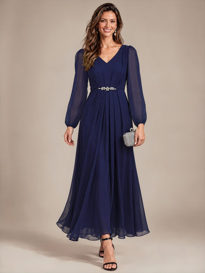 Pleating Chiffon Puff Sleeve Mother of the Bride Dress