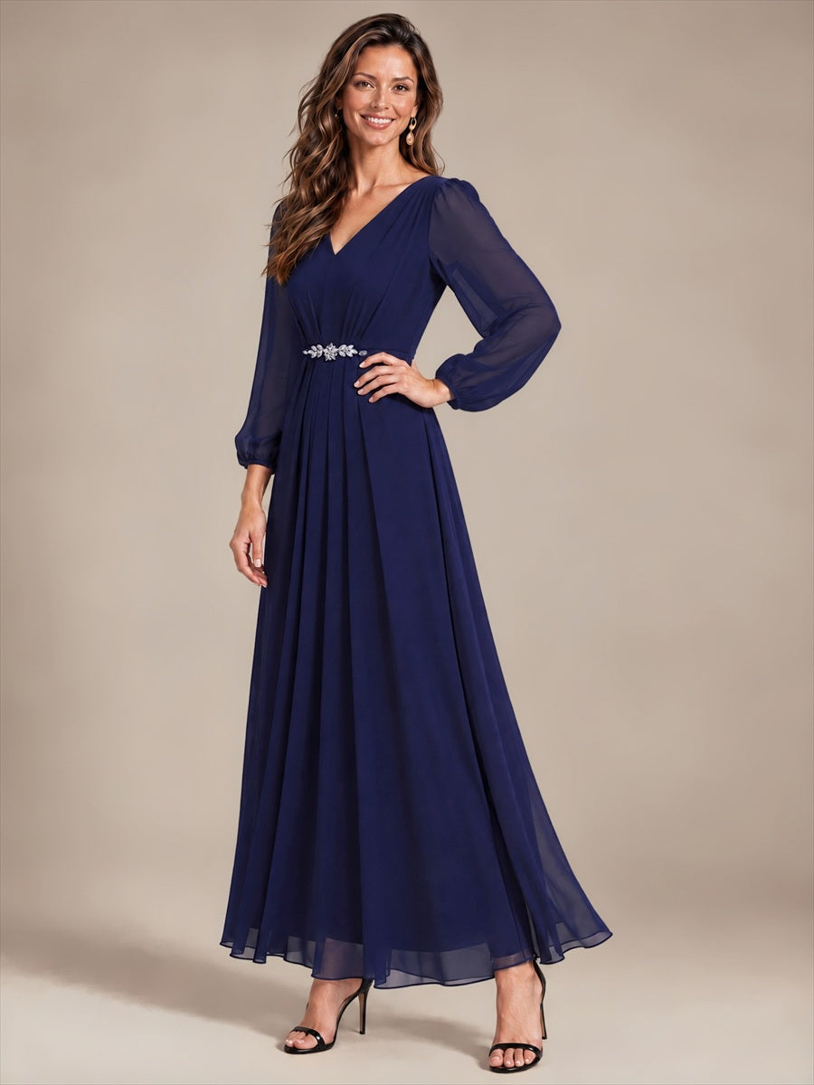 Pleating Chiffon Puff Sleeve Mother of the Bride Dress #color_Navy Blue
