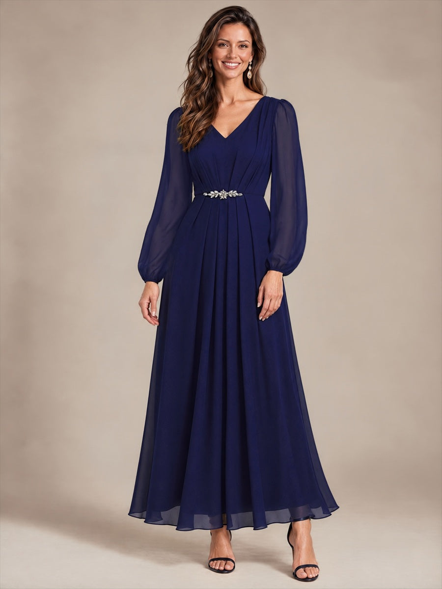 Pleating Chiffon Puff Sleeve Mother of the Bride Dress #color_Navy Blue