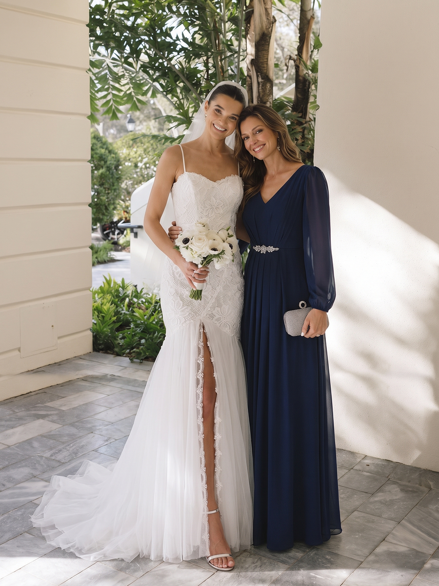 Pleating Chiffon Puff Sleeve Mother of the Bride Dress #color_Navy Blue