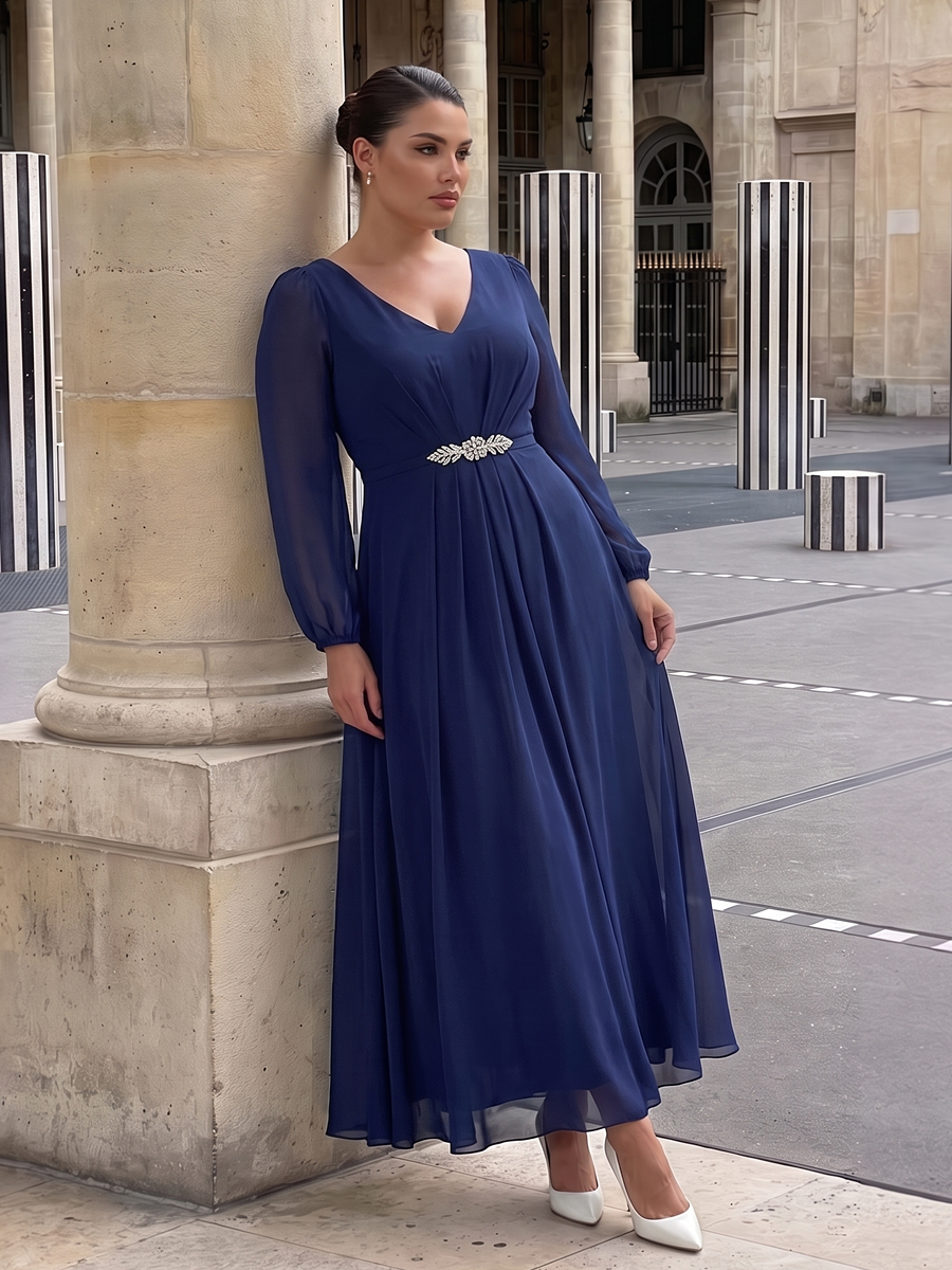 Pleating Chiffon Puff Sleeve Mother of the Bride Dress #color_Navy Blue