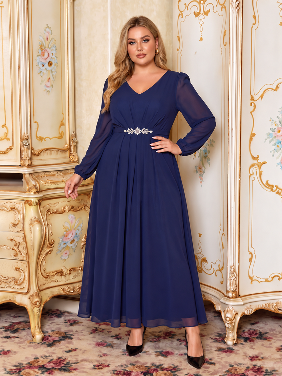 Pleating Chiffon Puff Sleeve Mother of the Bride Dress #color_Navy Blue