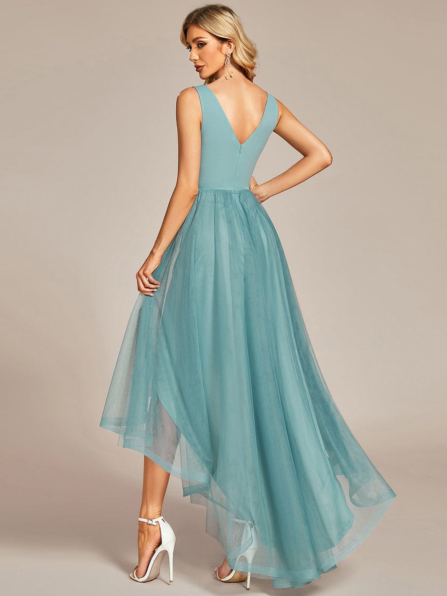 Sleeveless Tulle High Low Prom Dress with Waist Chain #color_Dusty Blue