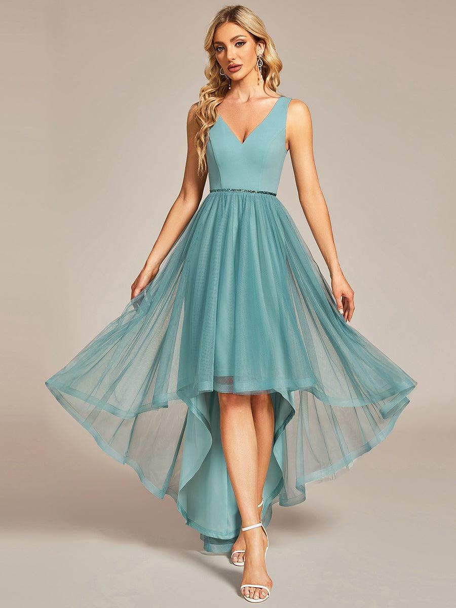 Sleeveless Tulle High Low Prom Dress with Waist Chain #color_Light Teal