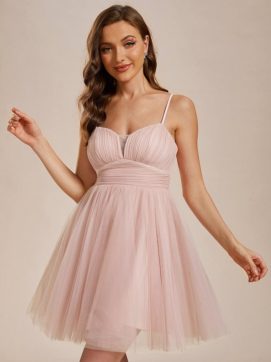 Dreamy Spaghetti Strap Tulle Short Pleated Homecoming Dress #color_Pink