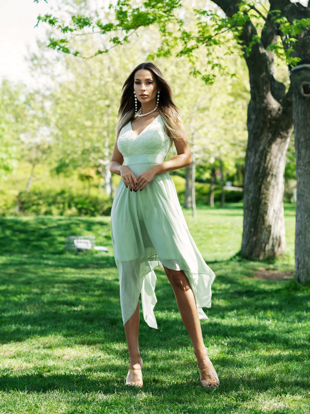 ever COSTA|Stunning V Neck Lace Dress with Asymmetrical Hems Fan Photos 4
