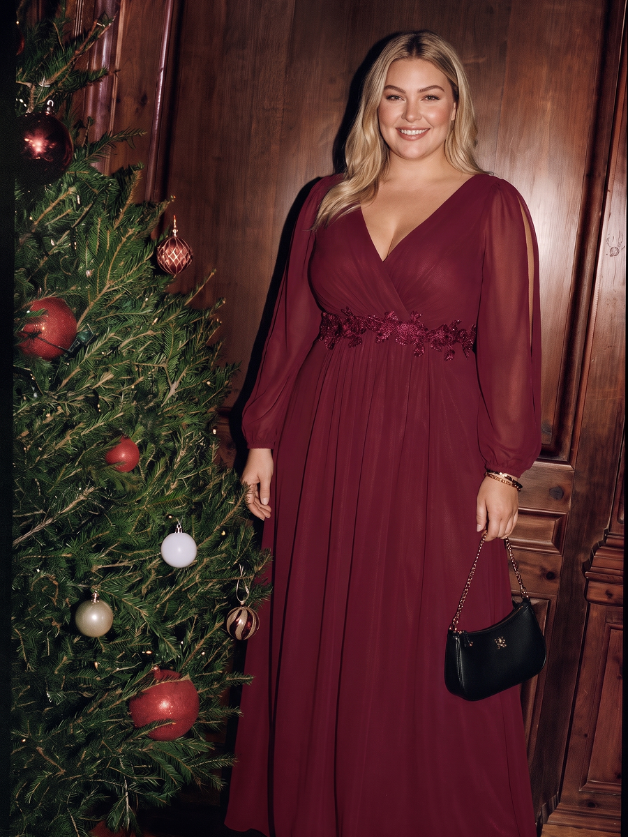 Elegant Chiffon V-Neckline Long Sleeve Formal Evening Dress #color_Burgundy
