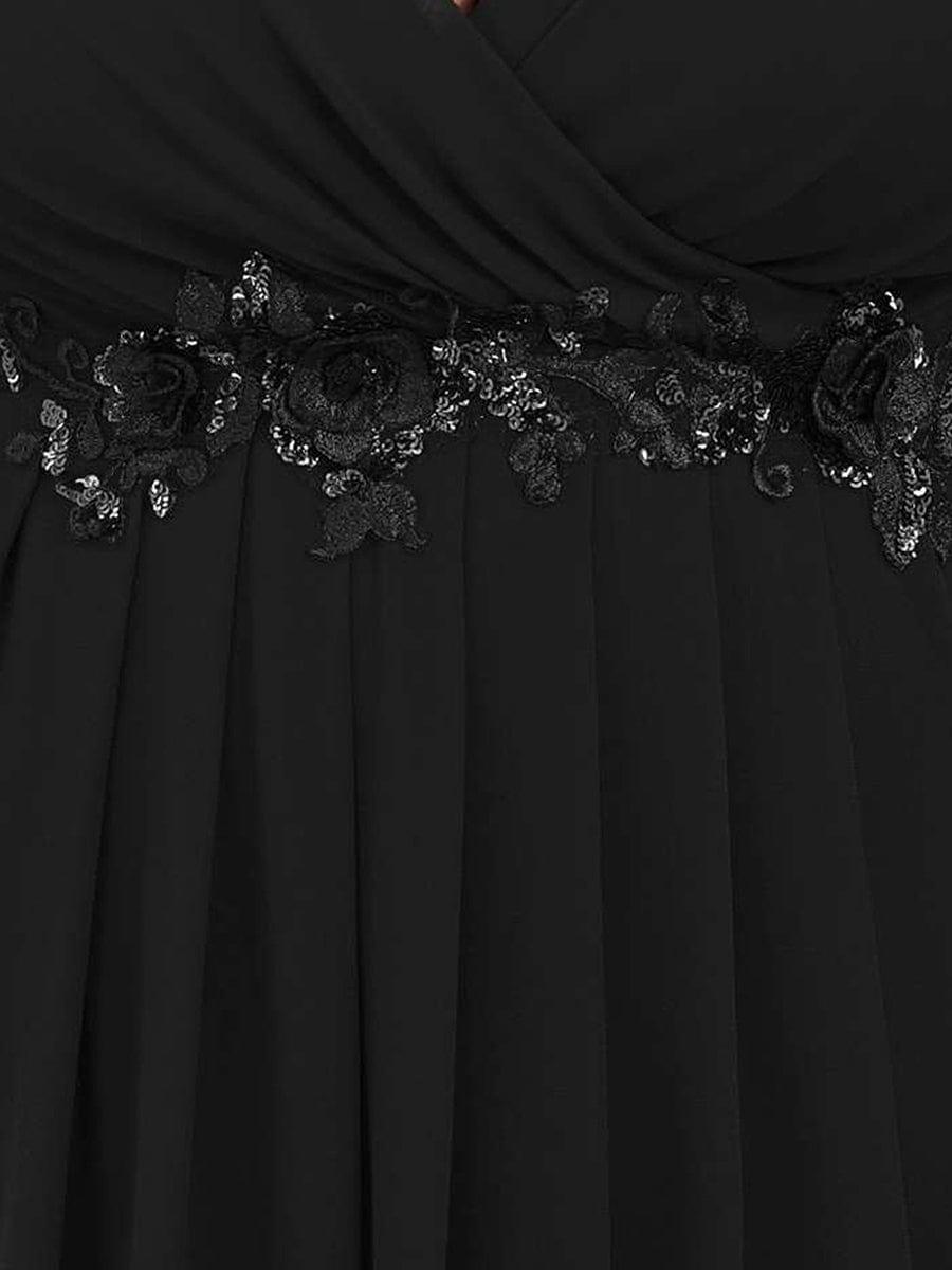 V-Neck Long Split Sleeve Empire Waist Applique Wedding Dress #color_Black