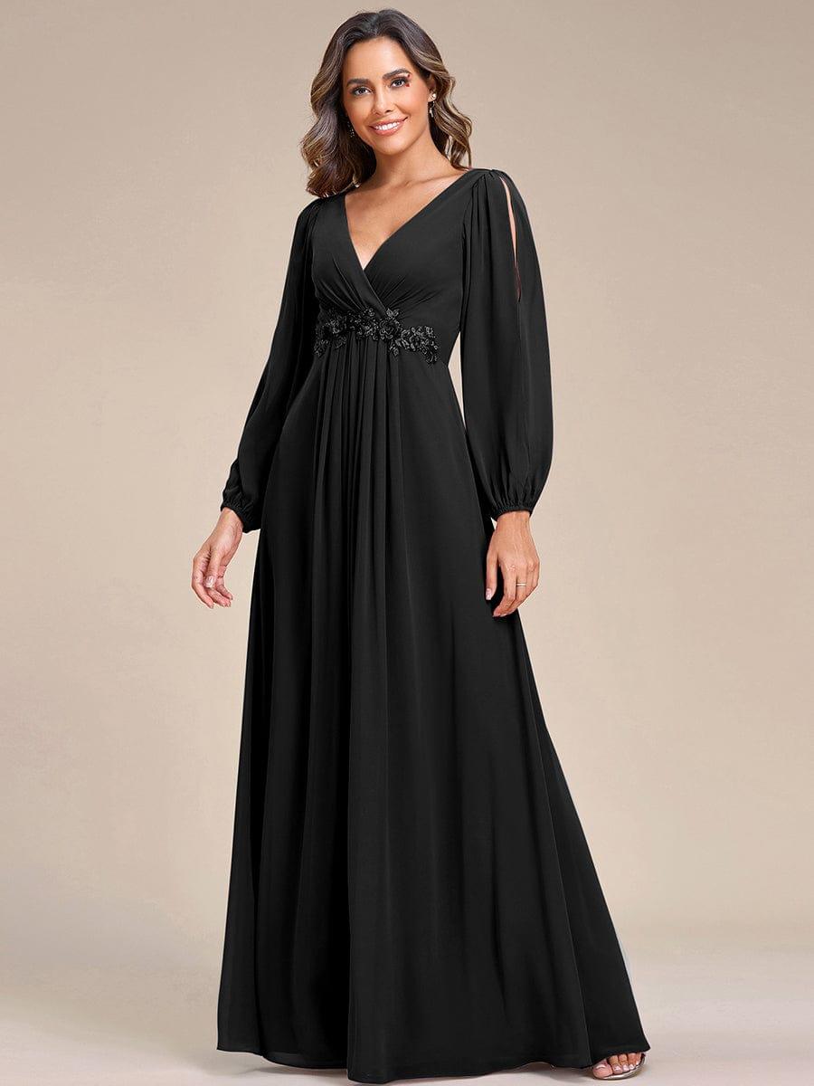 V-Neck Long Split Sleeve Empire Waist Applique Wedding Dress #color_Black