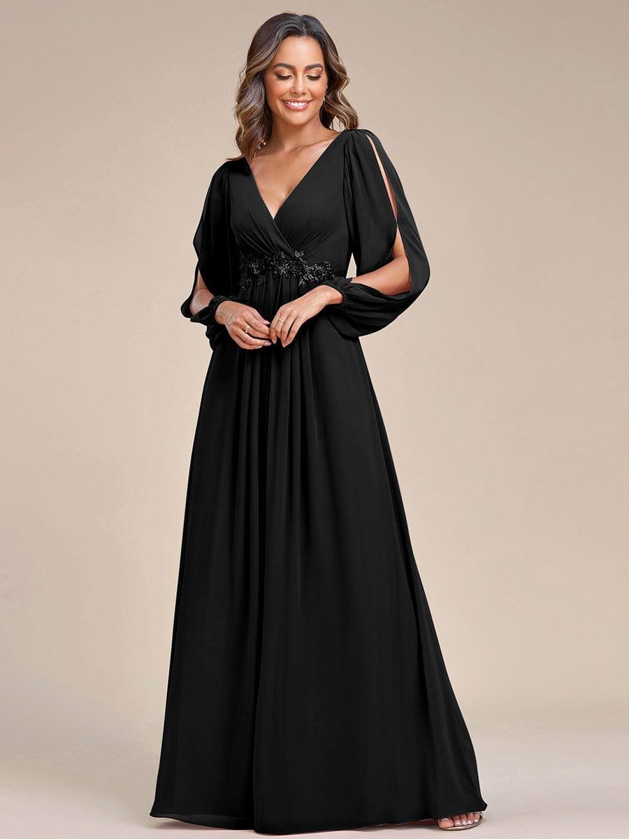 V-Neck Long Split Sleeve Empire Waist Applique Wedding Dress #color_Black