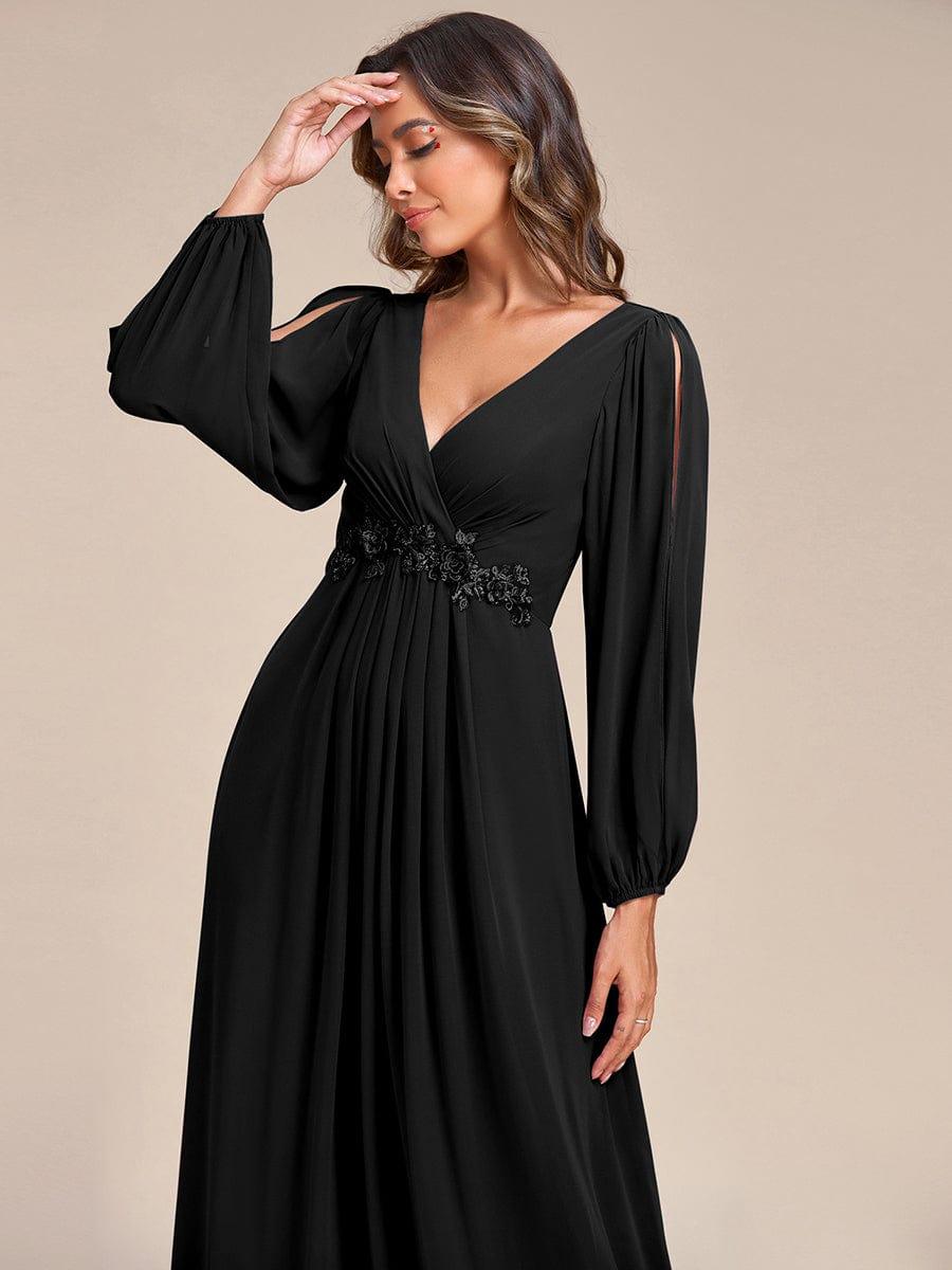 V-Neck Long Split Sleeve Empire Waist Applique Wedding Dress #color_Black