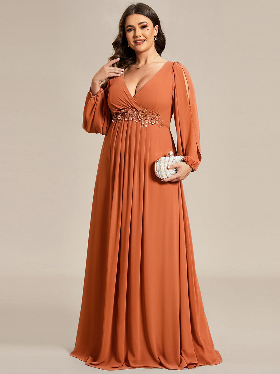 V-Neck Long Split Sleeve Empire Waist Applique Wedding Dress #color_Brandied Melon