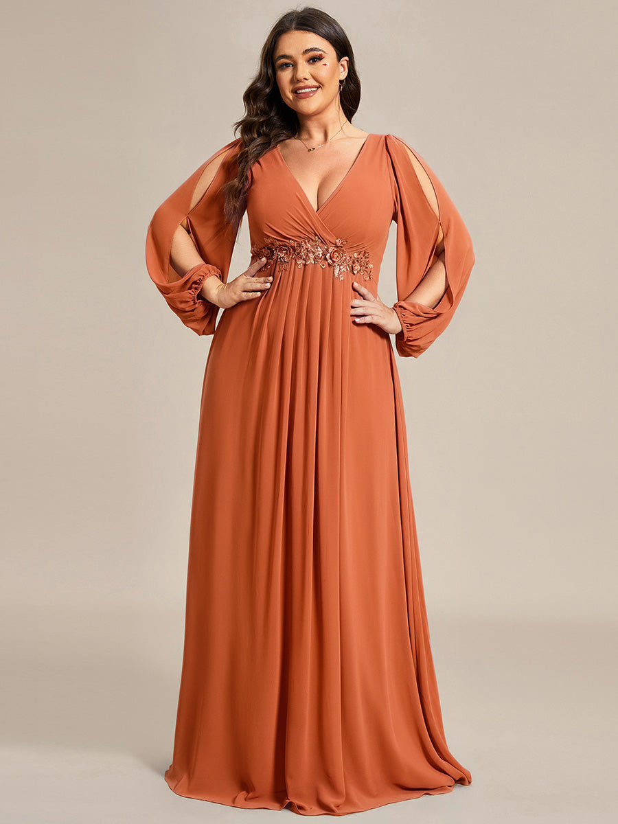 Elegant Chiffon V-Neckline Long Sleeve Formal Evening Dress #color_Brandied Melon