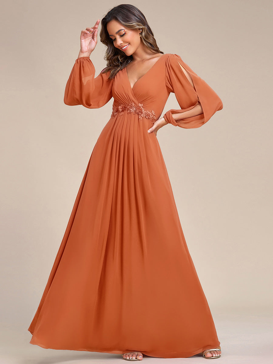 Elegant Chiffon V-Neckline Long Sleeve Formal Evening Dress #color_Brandied Melon