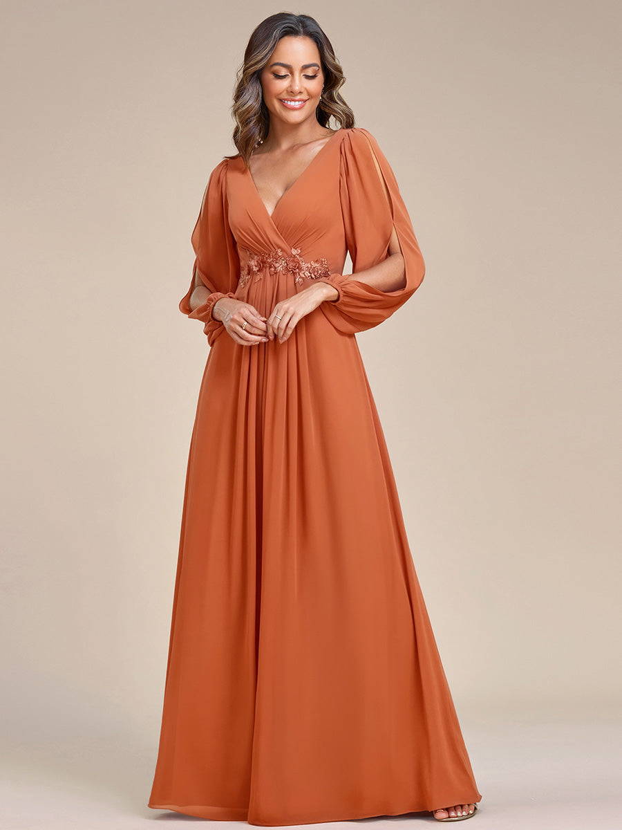 V-Neck Long Split Sleeve Empire Waist Applique Wedding Dress #color_Brandied Melon