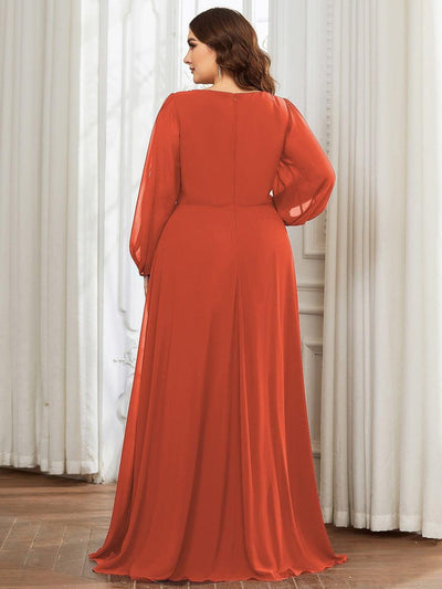 Stylish Plus Size Chiffon Formal Evening Dresses with Long Lantern Sleeves #color_Burnt Orange