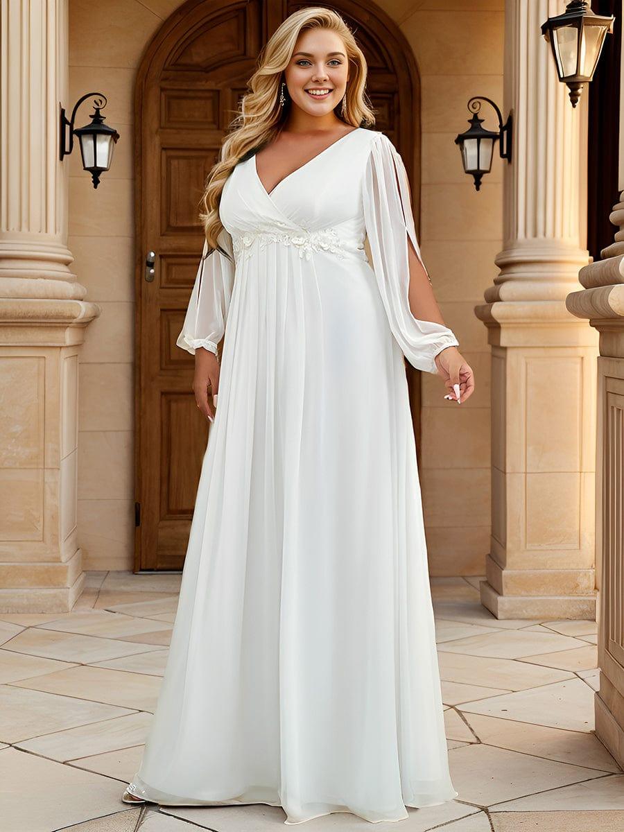 V-Neck Long Split Sleeve Empire Waist Applique Wedding Dress #color_Cream