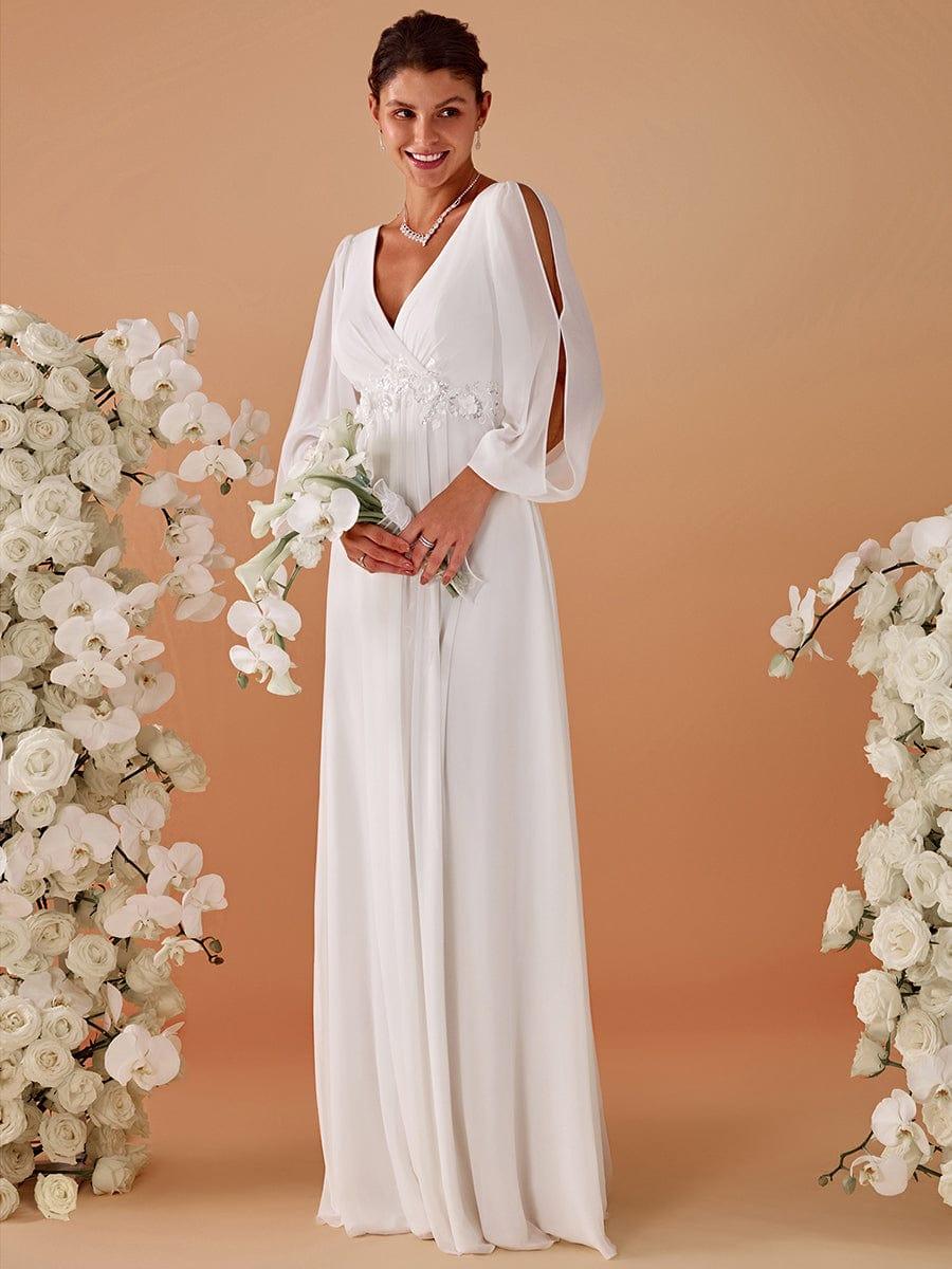 V-Neck Long Split Sleeve Empire Waist Applique Wedding Dress #color_Cream