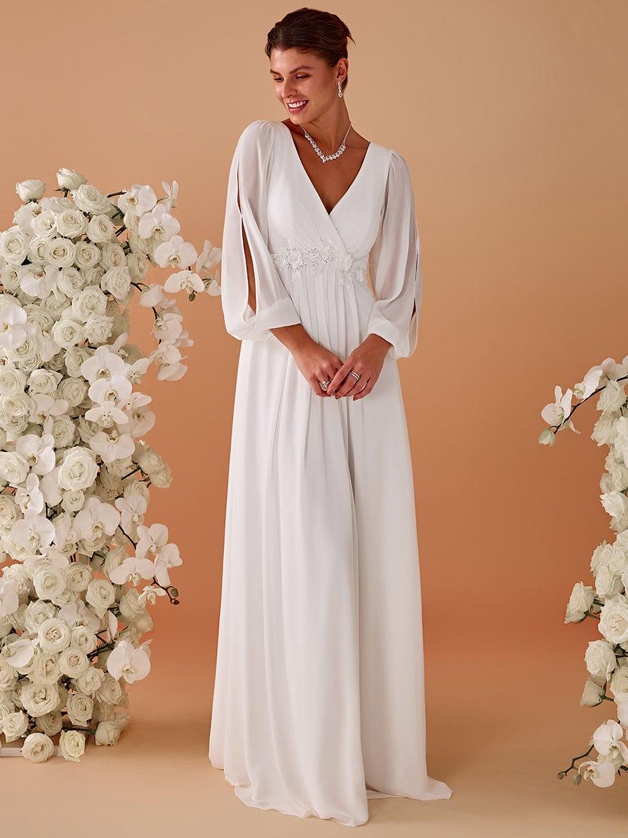 V-Neck Long Split Sleeve Empire Waist Applique Wedding Dress #color_Cream