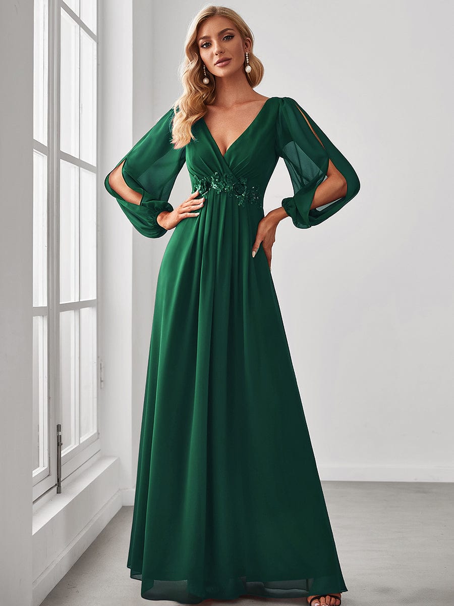 Elegant Chiffon V-Neckline Long Sleeve Formal Evening Dress #color_Dark Green