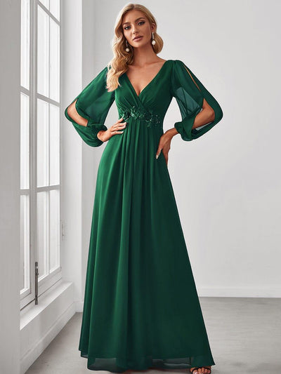 Elegant Chiffon V-Neckline Long Sleeve Formal Evening Dress #color_Dark Green