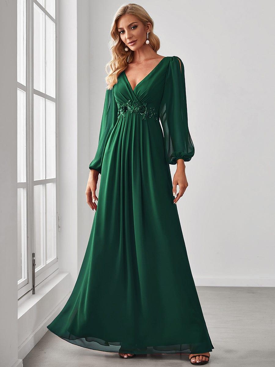 Elegant Chiffon V-Neckline Long Sleeve Formal Evening Dress #color_Dark Green