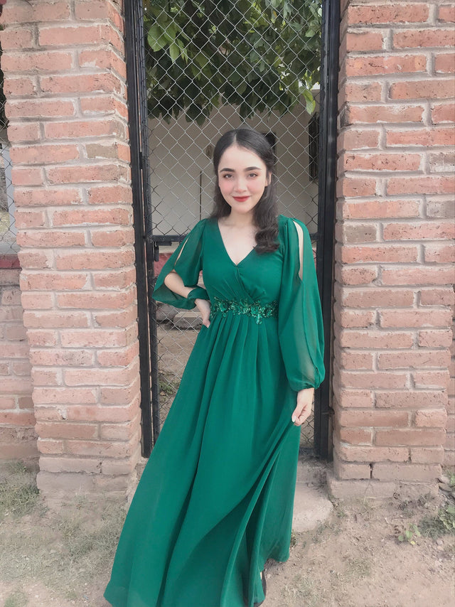 ever AMOUR|Elegant Chiffon V-Neckline Long Sleeve Wedding Guest Dress Fan Photos 14
