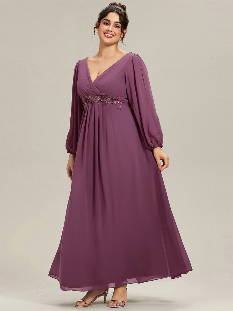 Elegant Chiffon V-Neckline Long Sleeve Formal Evening Dress #color_Damson